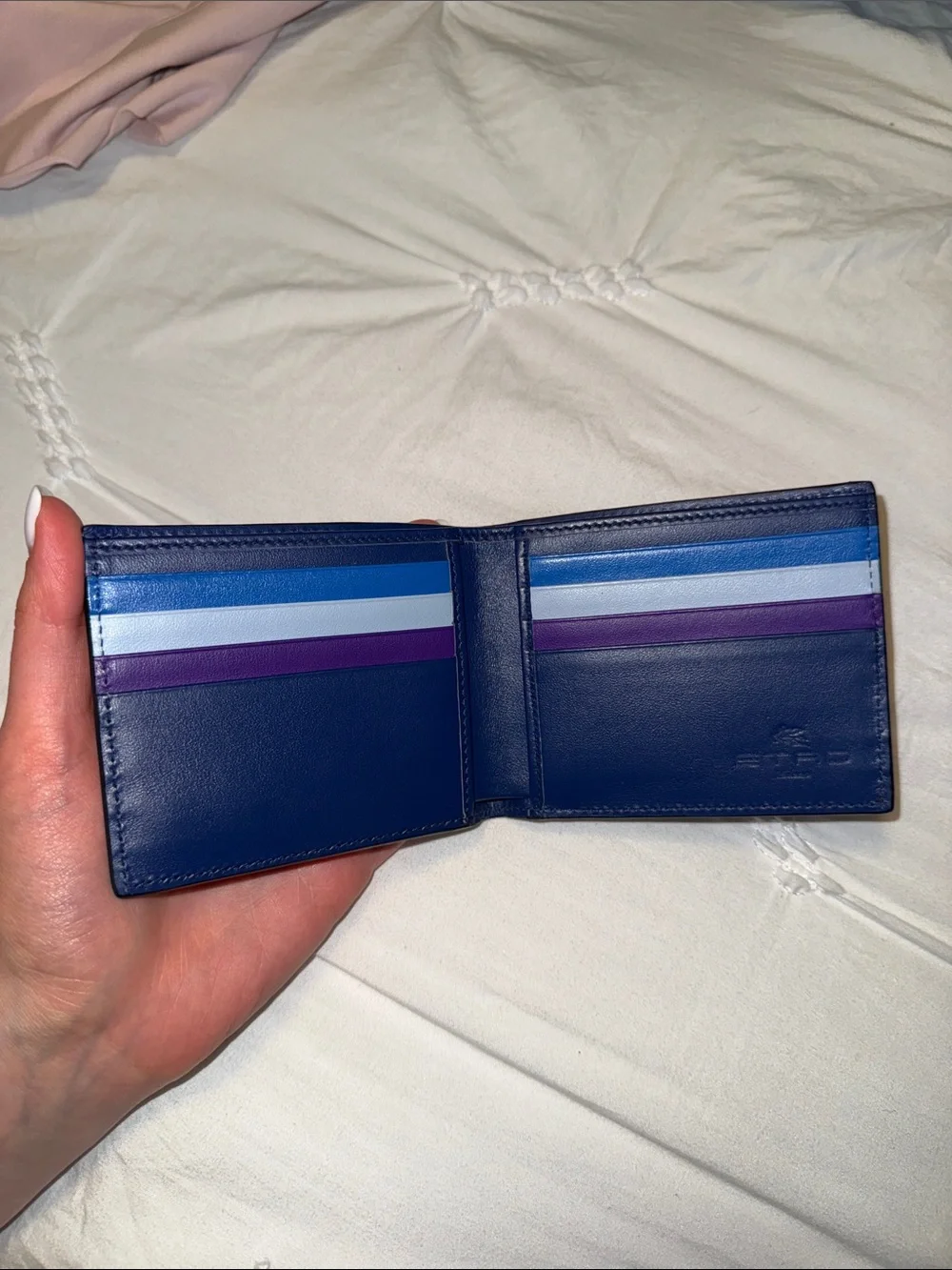 Etro Blue Leather Bifold Wallet with Winged Horse Emblem